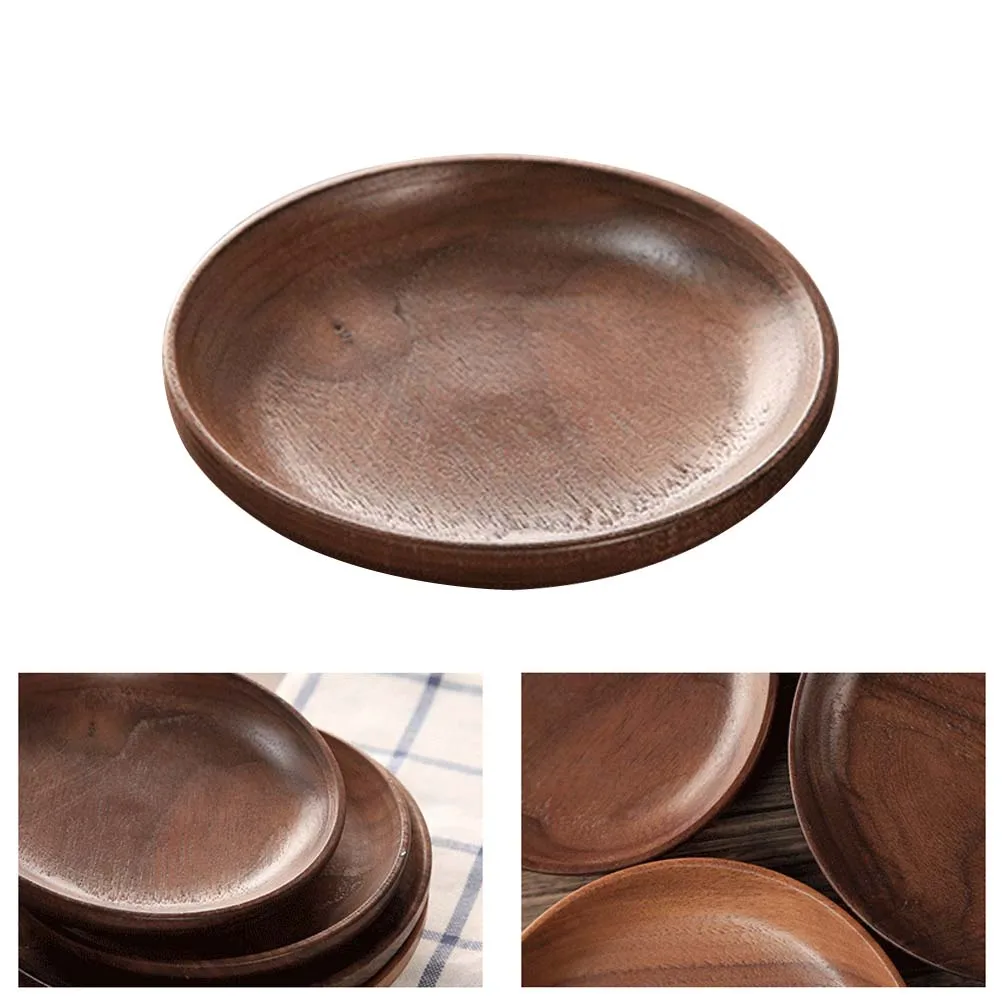 

1 pc Japanese Style Round Wood Serving Plate Black Walnut Dinnerware Tray Reusable Appetizer Decor Wooden Dessert Plates