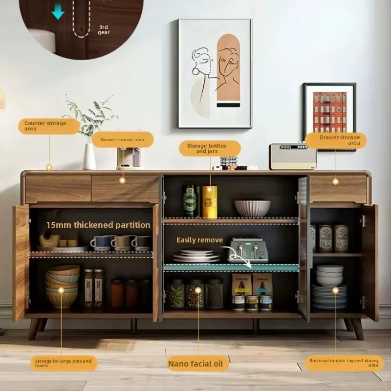 Multi-layer Storage Wood Credenza Sideboard, Combined Slab Wood Door & Fluted Glass Door Cabinet Hidden Groove Drawer