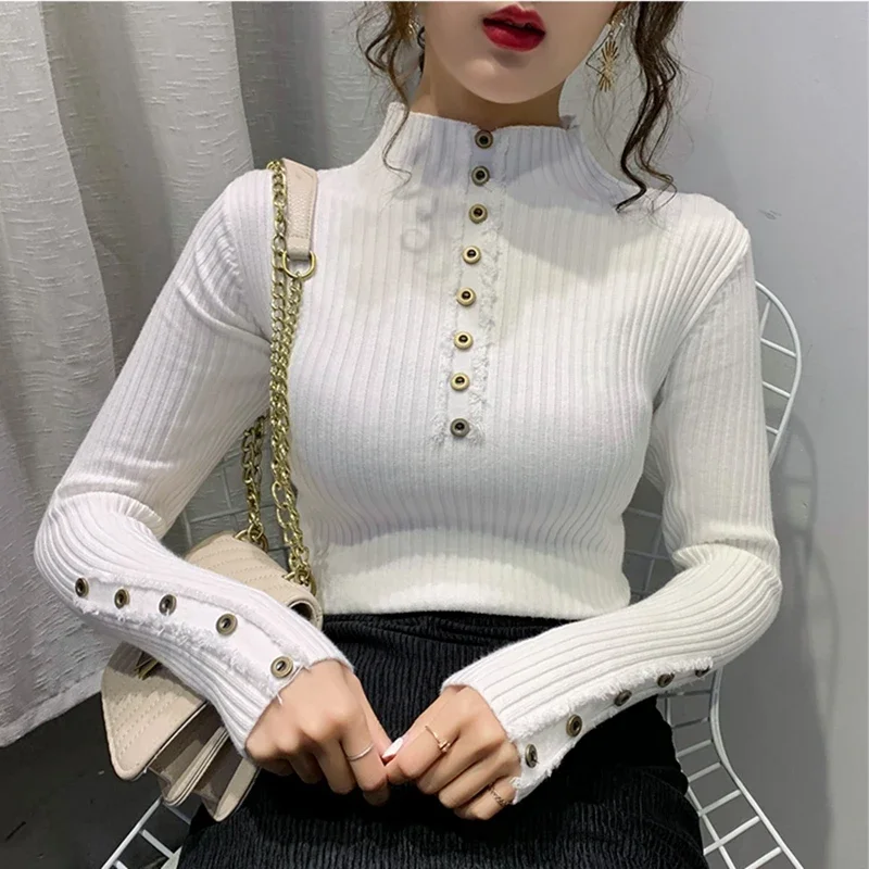 Women Buton Winter Pullovers 2024 Fashion Casual Long Sleeve Sweaters Korean Clothes Slim Sexy Elegant Basic White Black Sweater