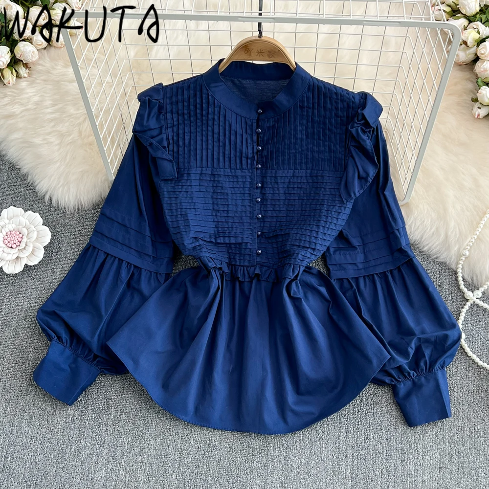 WAKUTA Slim Waist Vintage Women Shirts Ruffles Long Sleeve Stand Neck Female Solid Blouses Korean Style Simple Casual Clothing