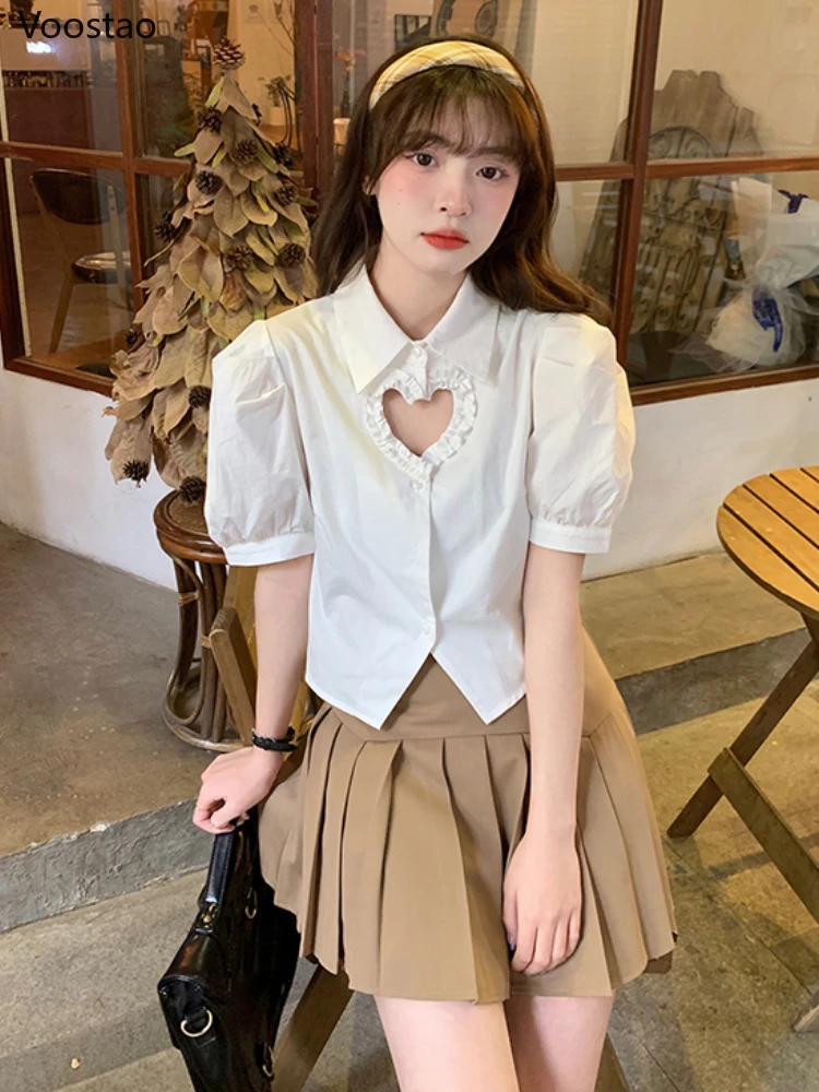 Sweet Lolita Style Blouses White Hollow Out Ruffles Heart Crop Tops Women Kawaii Puff Sleeve Korean Casual Shirts Y2k Clothes