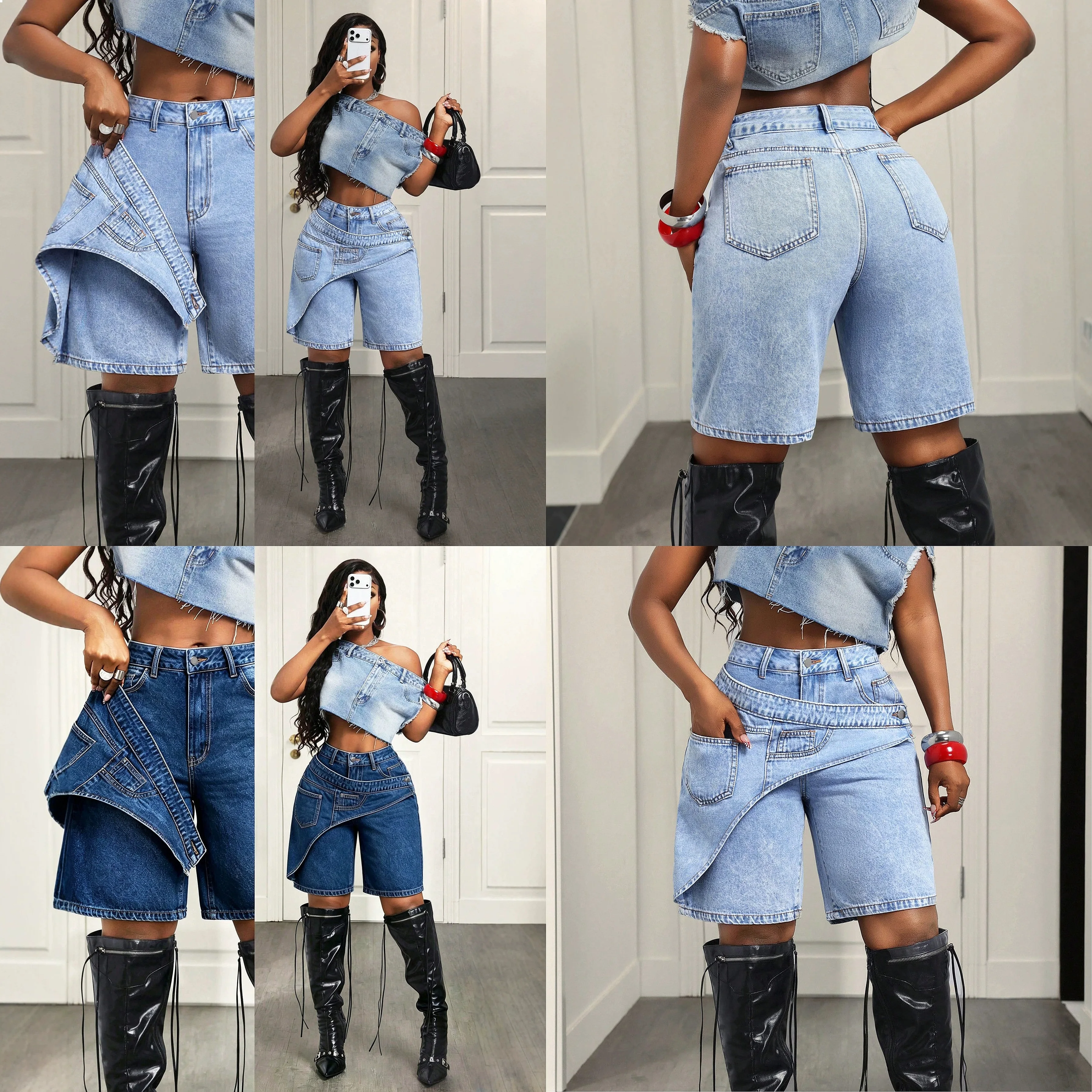 88-Spot-66663 #Amazon cross-border European and American pockets double waist women's denim shorts five-point pants breeches