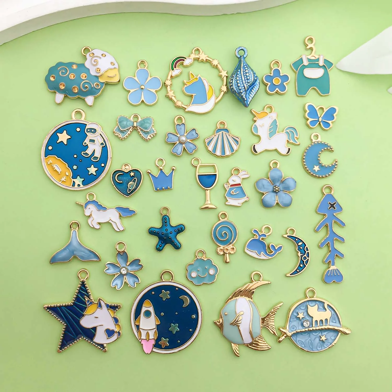 5/30pcs Lake Blue Enamel Charms Alloy Butterflies, Marine Life, Flowers, Star, Animal Pendants for DIY Jewelry Making Accessory