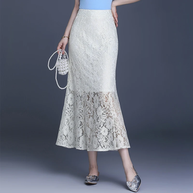 

White Lace Wrap around High Waist Long Fi Tail Skirt Women's Spring New Sle iny Sequin f Body Skirt Ele Sle