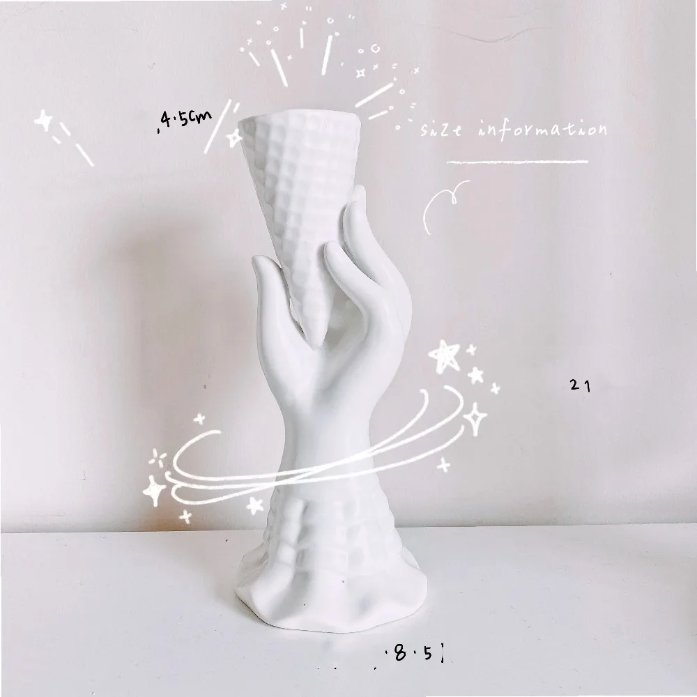 Creative Flower Pot White Ceramic Hand Holding Ice cream Ornaments Figurine Art Desktop Little Vase