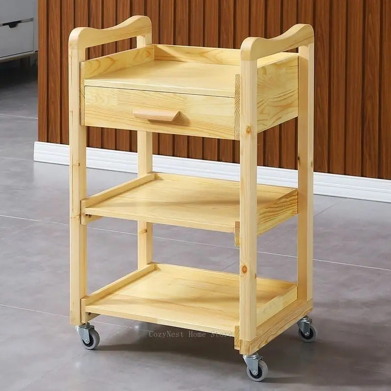 Solid Wood Multi Layer Beauty Trolley With Drawers For Salon Spa Barber Shop Mobile Storage Cart Professional Use