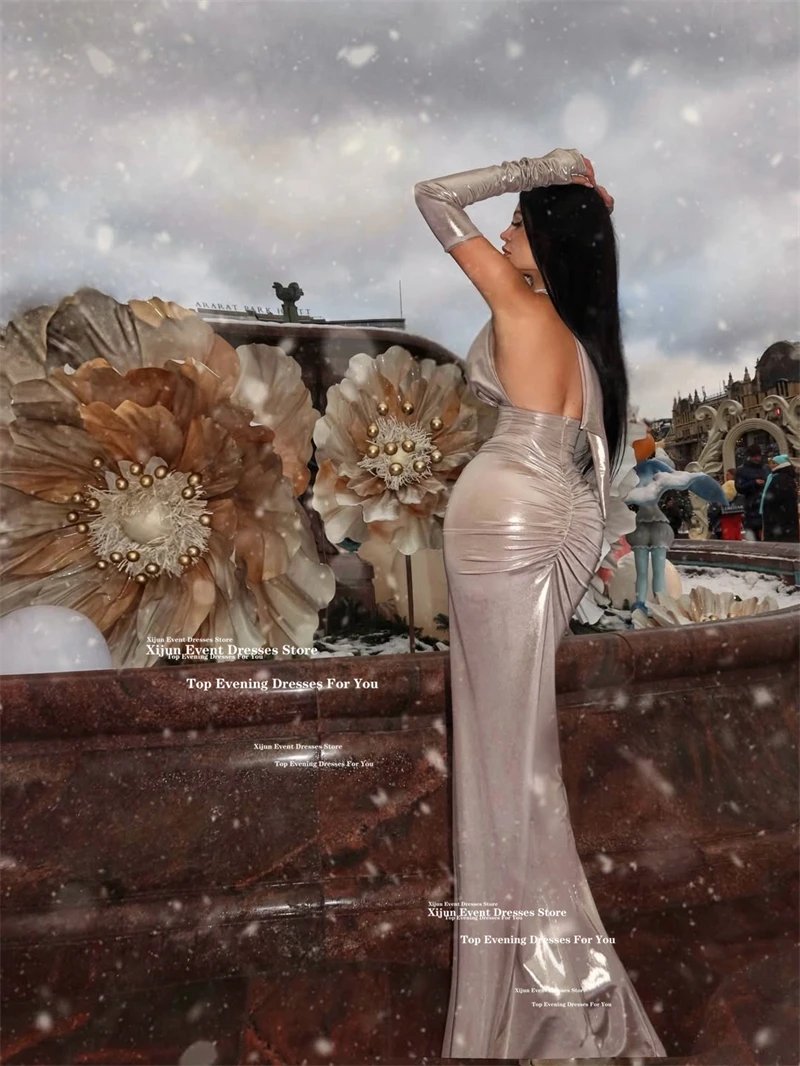 Xijun Sexy Silver Mermaid Evening DResses Halter V-Neck Split Prom DResses Pleated Sleeveless Formal Prom Gowns 2026 Customized