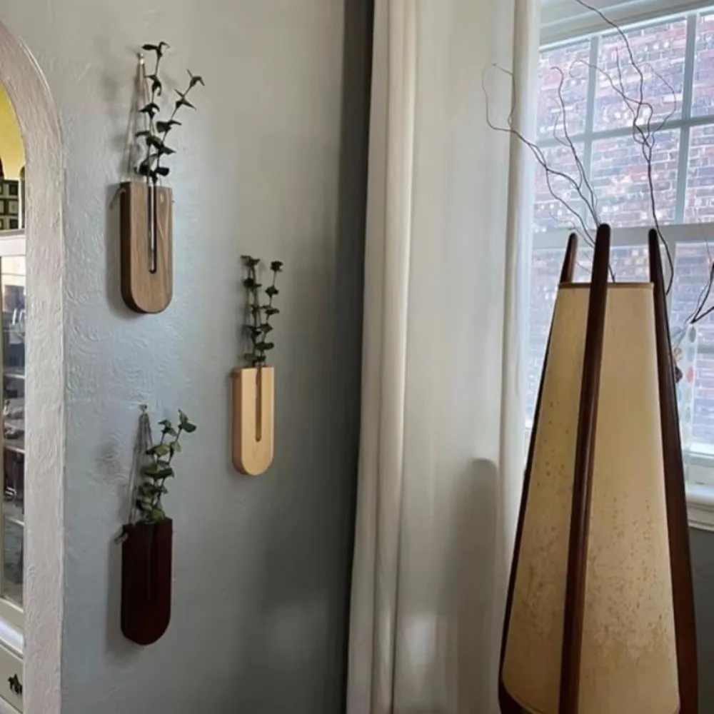 Wooden Flower Planters Hanging Bohemia Style Flower Tube Vase with Wood Stand Hydroponic Plant