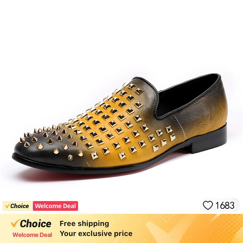 

Chaussures plates en cuir véritable pour hommes, confortables, bout rond, rivet yellow, chaussures de conduite slio-on faites à