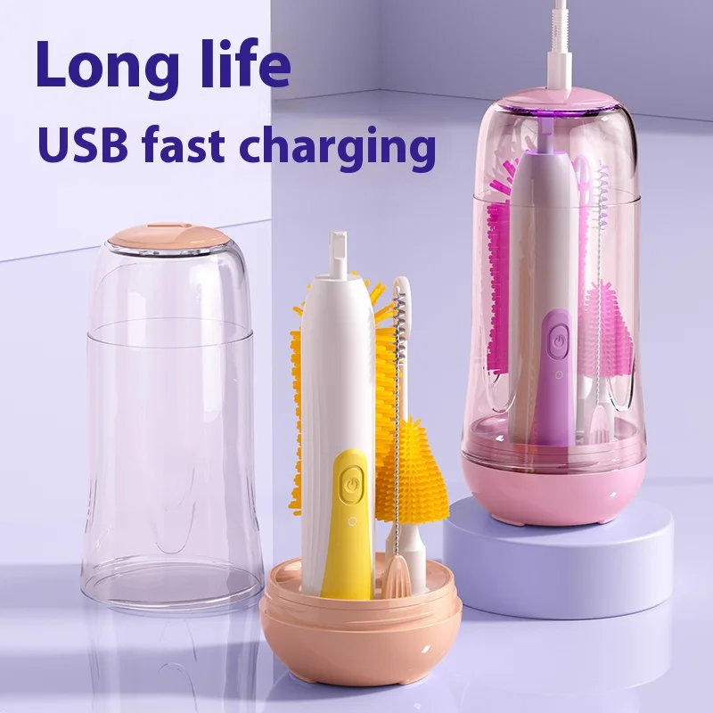 New 360-degree rotating electric bottle brush, electric water bottle cleaner, straw brush, electric silicone bottle brush set