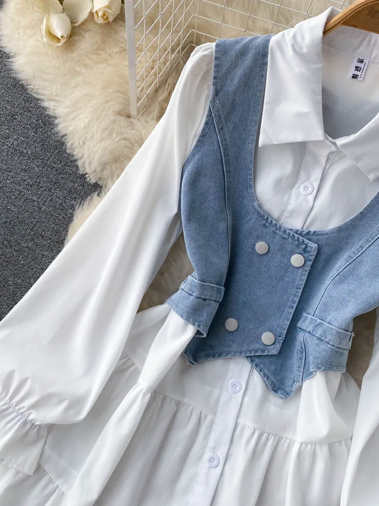 Women Spring Autumn Dress Sets Korean Temperament High Quality Elegant White  Shirt Dress Short Denim Vest Top Two Sets D4770 - AliExpress 200000345