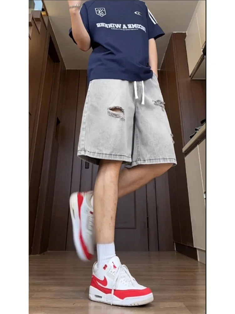 

Retro American Sle Men's ort Jeans Casual Wear Hole Design Summer Five-Point Pants Comfortable Fit Straight Leg Trousers