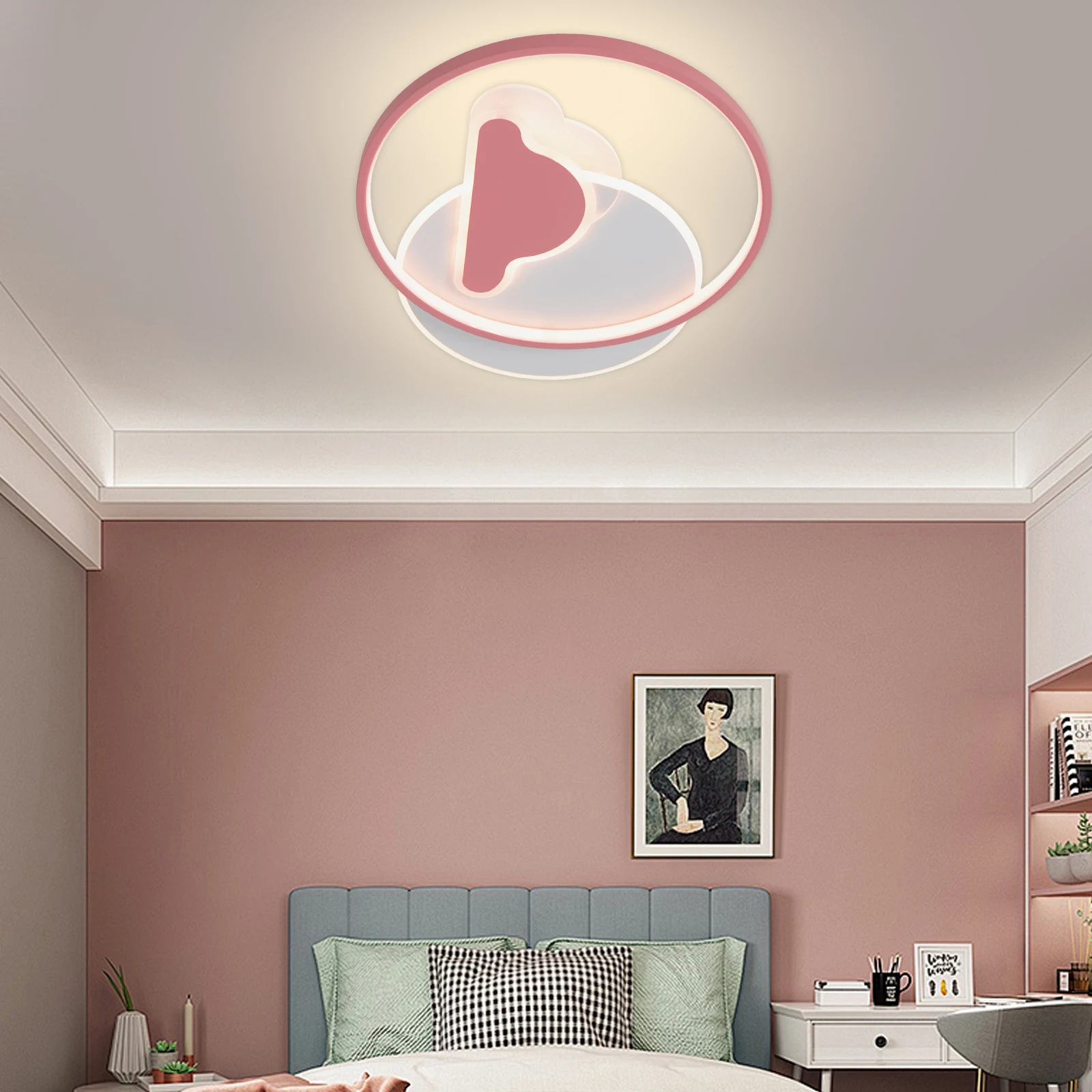 مصباح سقف LED قابل للتعتيم مع جهاز تحكم عن بعد - وردي، مُجمَّع مسبقًا، سهل التنظيف، مفتاح حائط متوافق مع غرفة المعيشة/الفندق