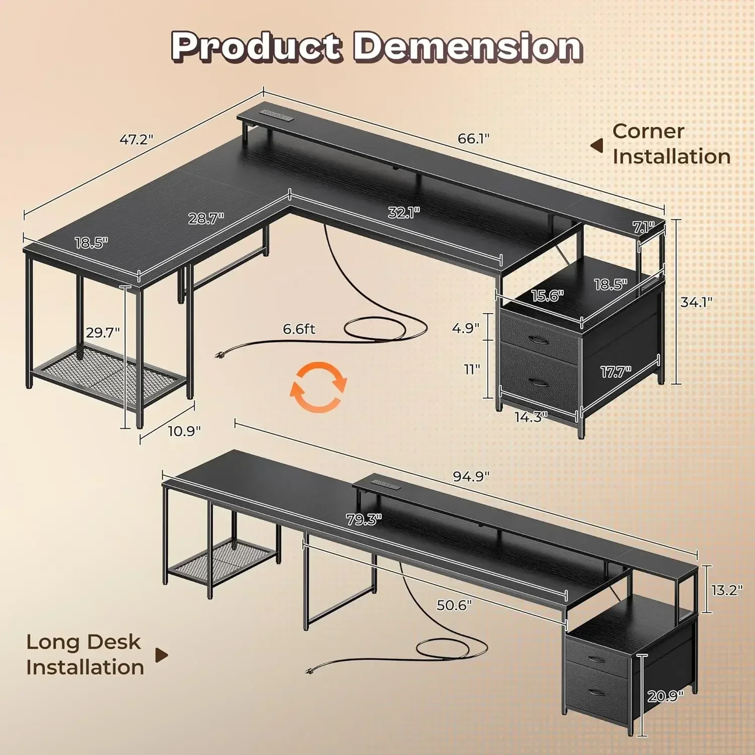 L Shaped Gaming Desk Led Lights Power Outlets Fabric Drawers Print Stand Corner Office Desk Monitor Stand Mesh Cpu Stand Black