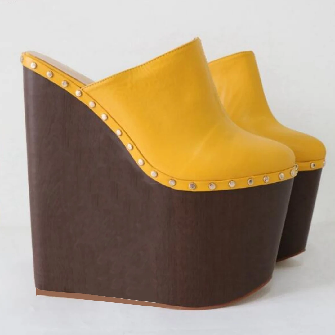 DIZHUANG Fashionable women's high-heeled slippers. Yellow leather slippers. About 20cm heel height. Wedges slippers. size:34-46