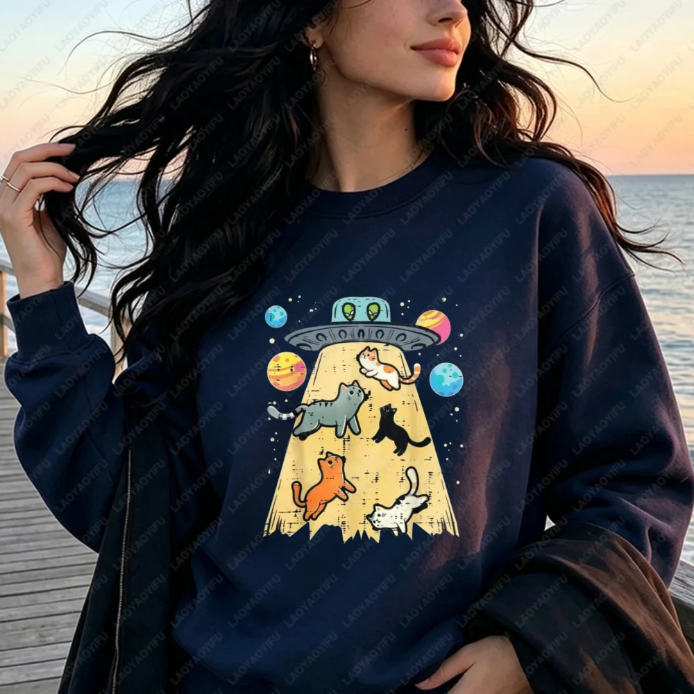 UFO Alien Abduct Cats Unisex Sweatshirt  Cosmic Galaxy Streetwear Whimsical Sci‑fi Motif For Space Enthusiasts Casual Pullovers