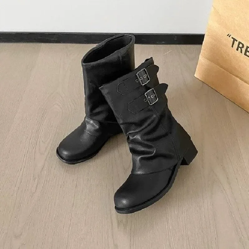 2026 Summer New Style Women's Ruffled Padded Round-Toe Vintage Thick-Topped Cavalry Boots