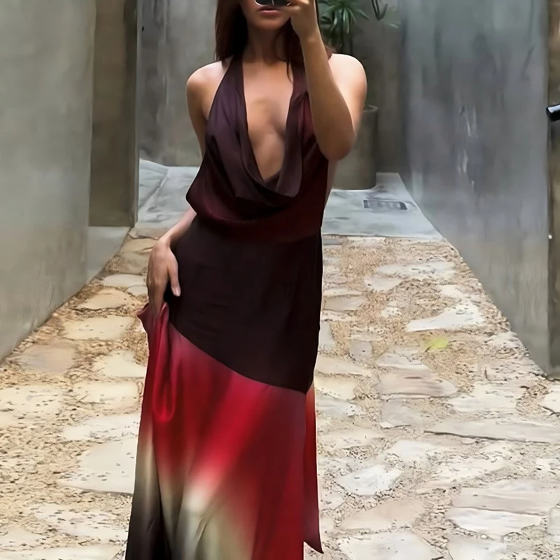 

2025 Summer New Sexy Fashionable Contrast Color Printed Low-cut Stacked Collar Backless Maxi Dress Beach Party Holiday for Women