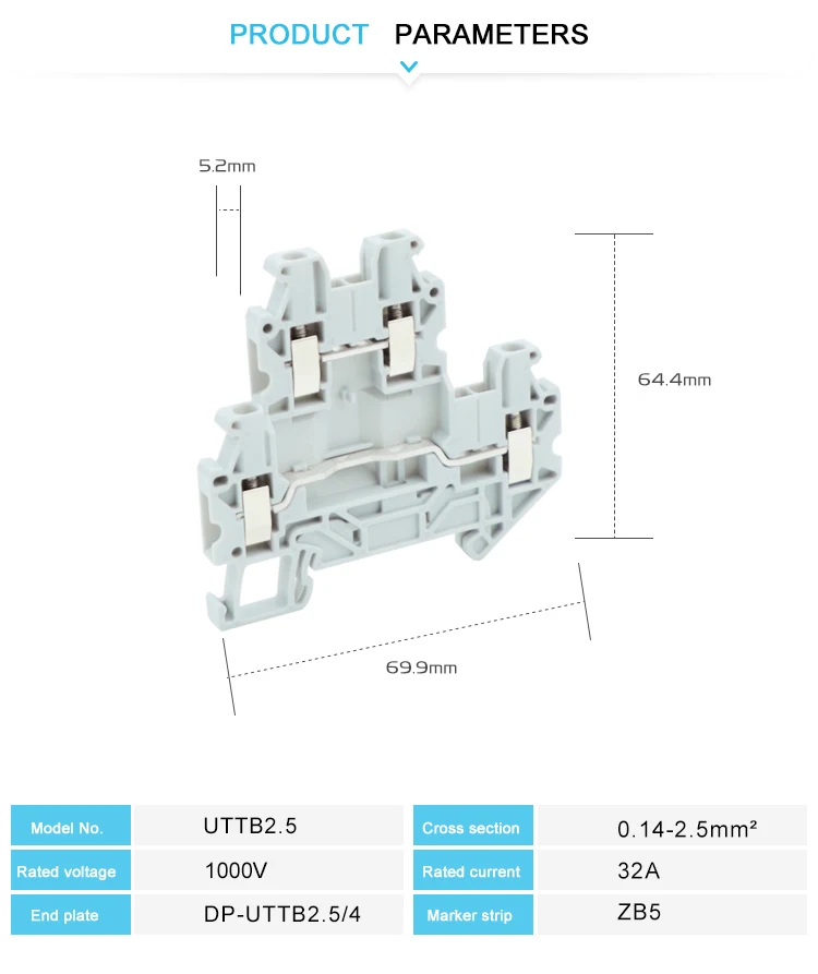 10 Stück UTTB 2,5-Schraube Doppelklemmenblock DIN-Schienen-Stecker UT 2-stufiger 2,5 mm2 Innensechskant 12 AWG Kupfer verzinnt UTTB2.5 – Detail 11