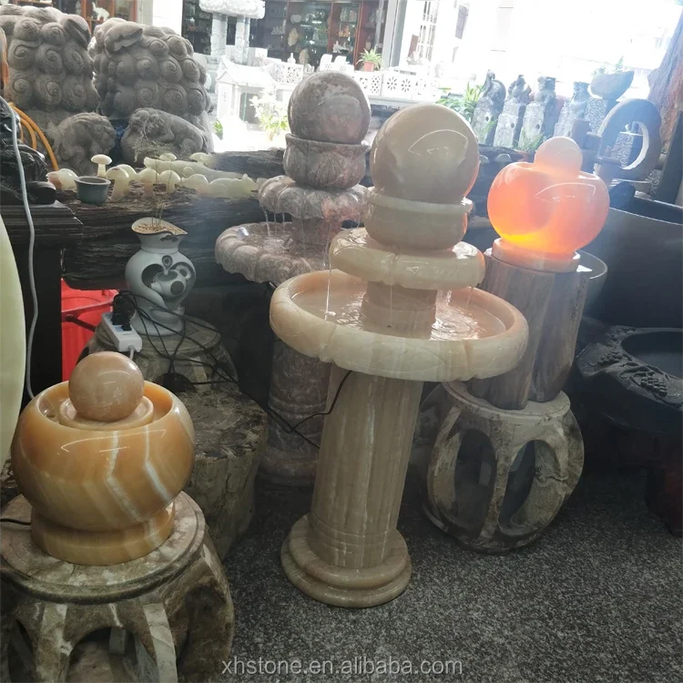 Garden Marble Stone Indoor 3-tier Water Features Stone Relaxation Tabletop Ball Fountains Ornaments With Led Light