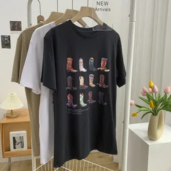 1pcs nine boots Western T-Shirt Women T Shirt Summer Loose Vintage Boho Texas T Shirt Cowgirl Cowboy Cute Graphic Tees Hippie