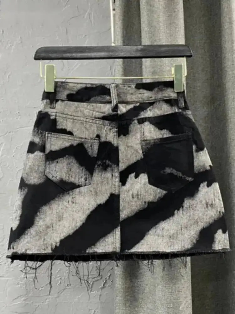 Gray Tie Dye Printing Fashion Denim Mini Skirts Women High Waist Button Pocket A-line Jean Skirts Sexy Y2K Streetwear Y207