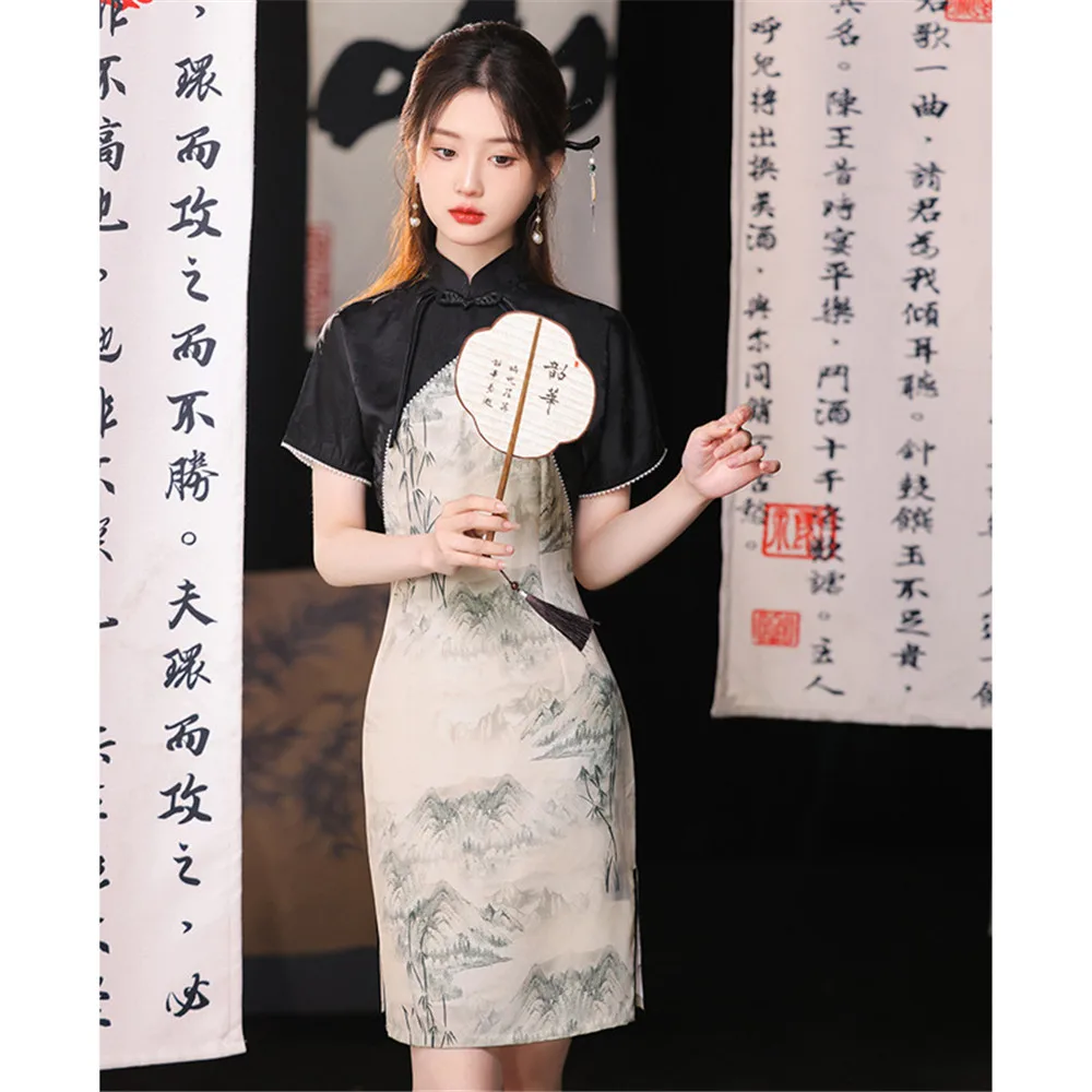 

Vintage Beaded Patchwork Satin Cheongsam Stand Collar Dress Women Traditional Chinese Clothing Qipao