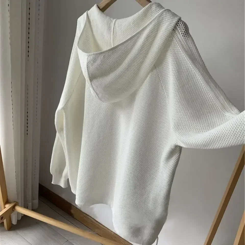 Nuove donne scava fuori maglieria con cappuccio primavera estate bianco manica lunga casual pullover allentato top maglione femminile