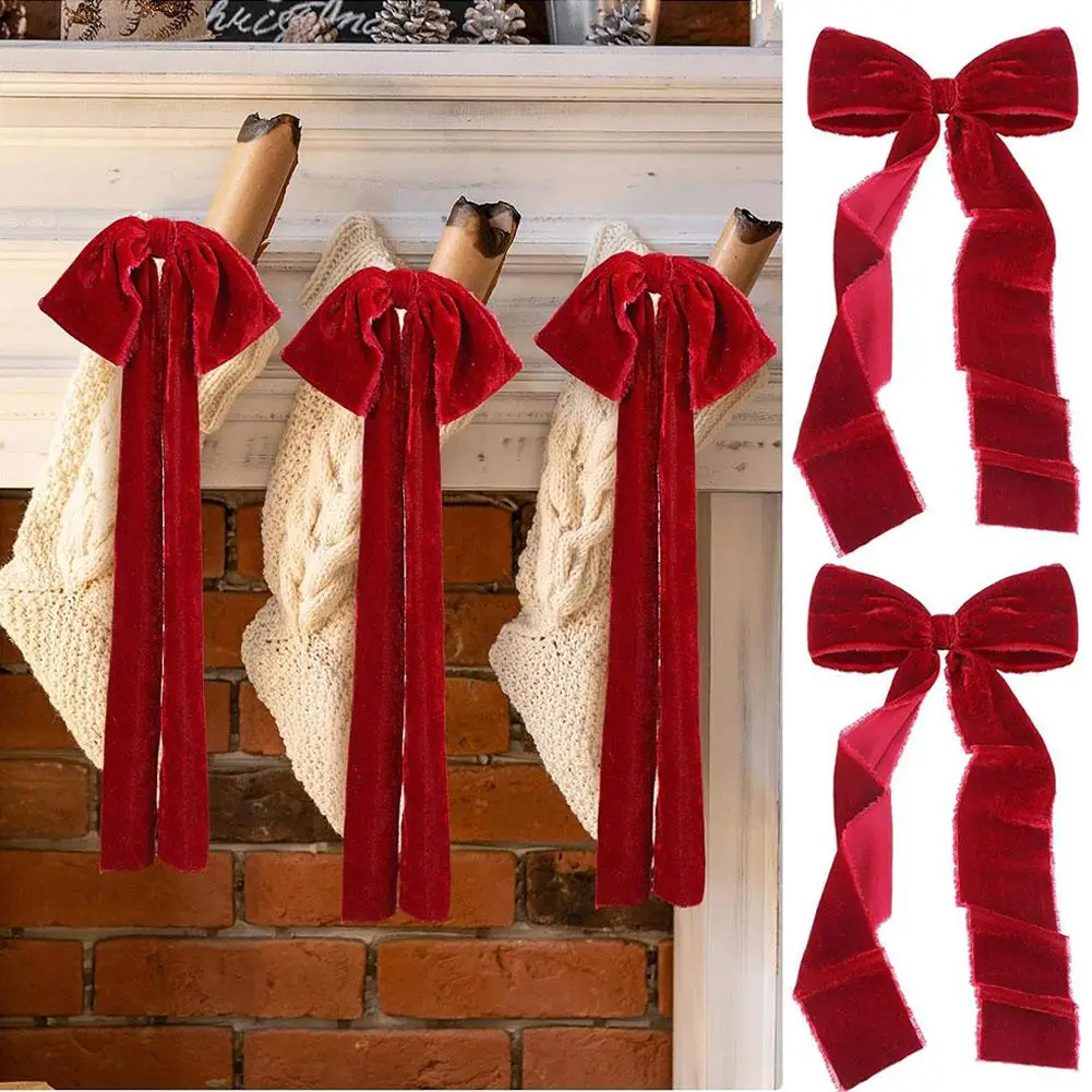 1 Pita Natal Besar Merah, Pita Beludru Sobek Tangan, Pita Natal Luar Ruangan, Lingkaran Beludru untuk Dekorasi Pintu Depan