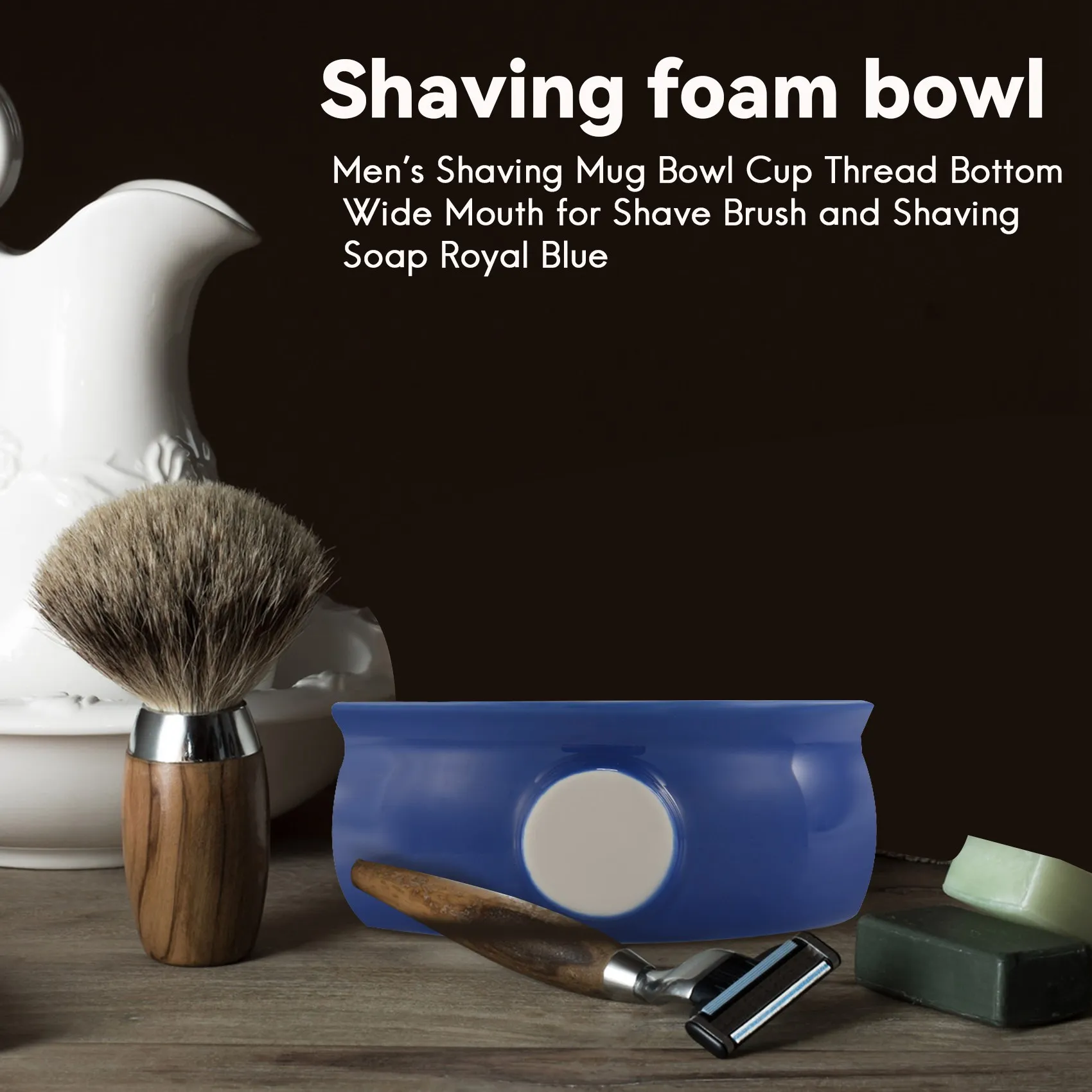 AT17 Mug Cukur Pria Keramik Mangkuk Cangkir Benang Bawah Mulut Lebar untuk Sikat Cukur dan Sabun Cukur Royal Blue