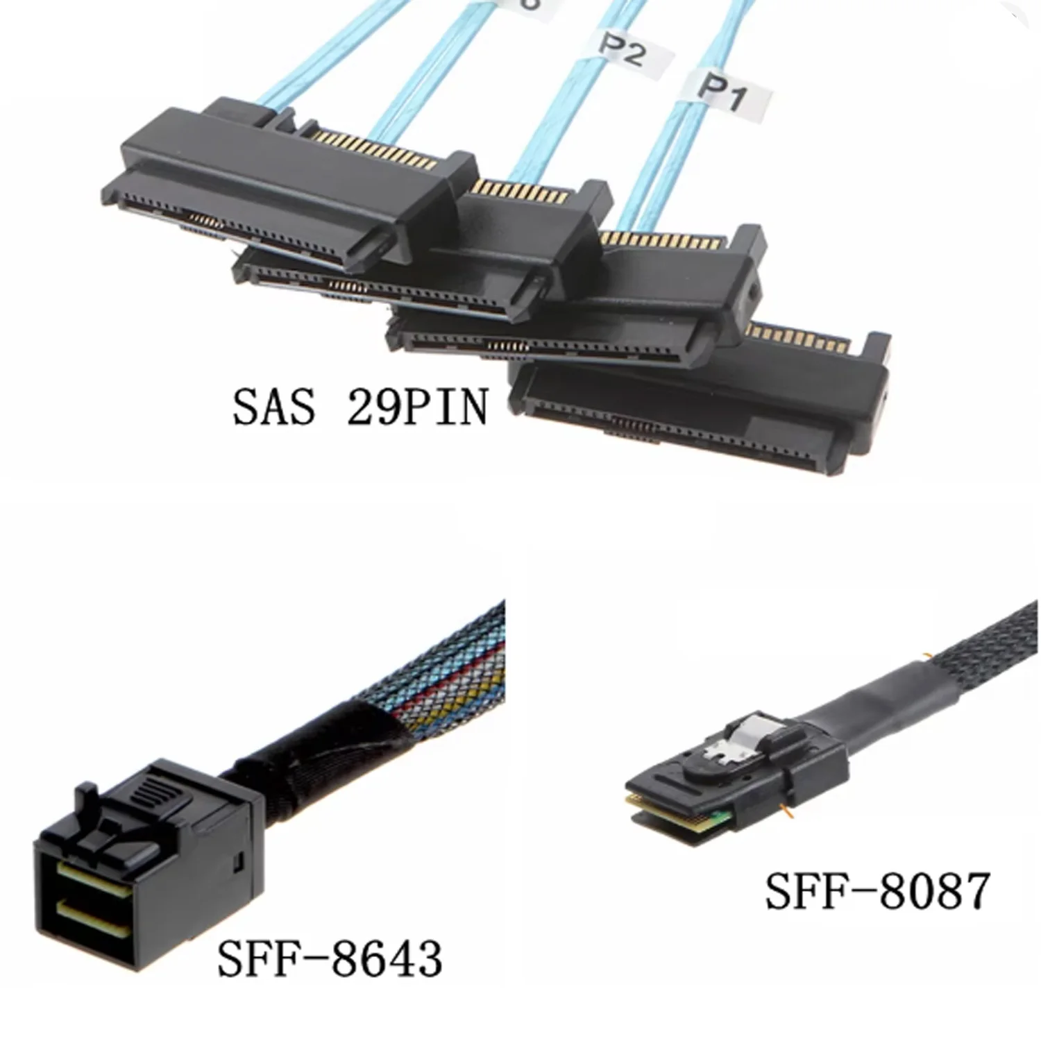 Mini-SAS to SAS Cable, SFF-8643 to SAS SFF-8643 & 8087 to SFF-8482 Connector 4X SAS 29Pin SFF-8482 with SATA Power Adapter Cable