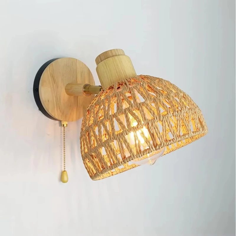 

Handmade natural woven farmhouse decorative wall lamp with transparent glass shade, bamboo and rattan material,