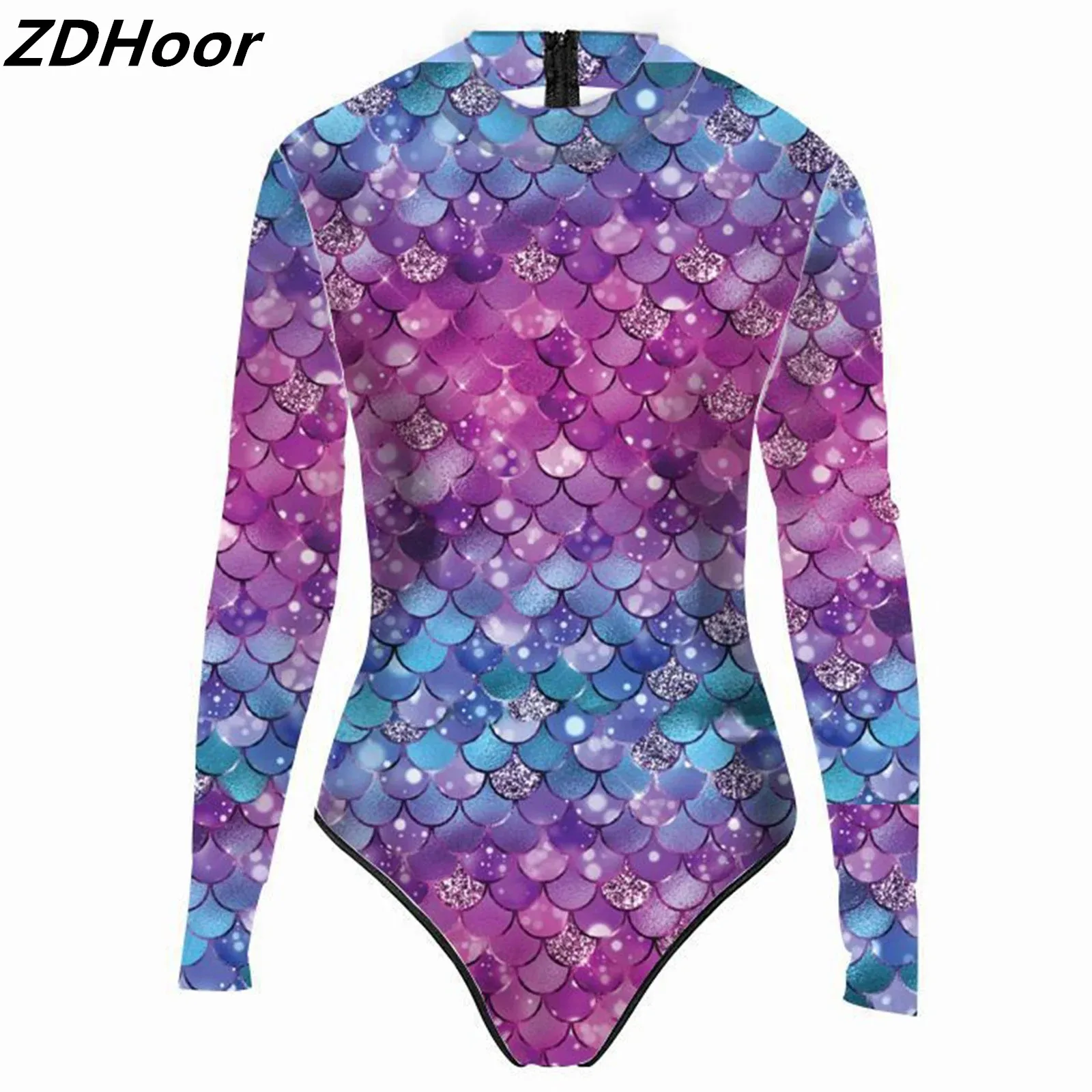 Women Mermaid Swimsuit Fish Scale Print One-piece Bathing Suit Long Sleeve Pool Party Beachwear Surfing Diving Swimwear