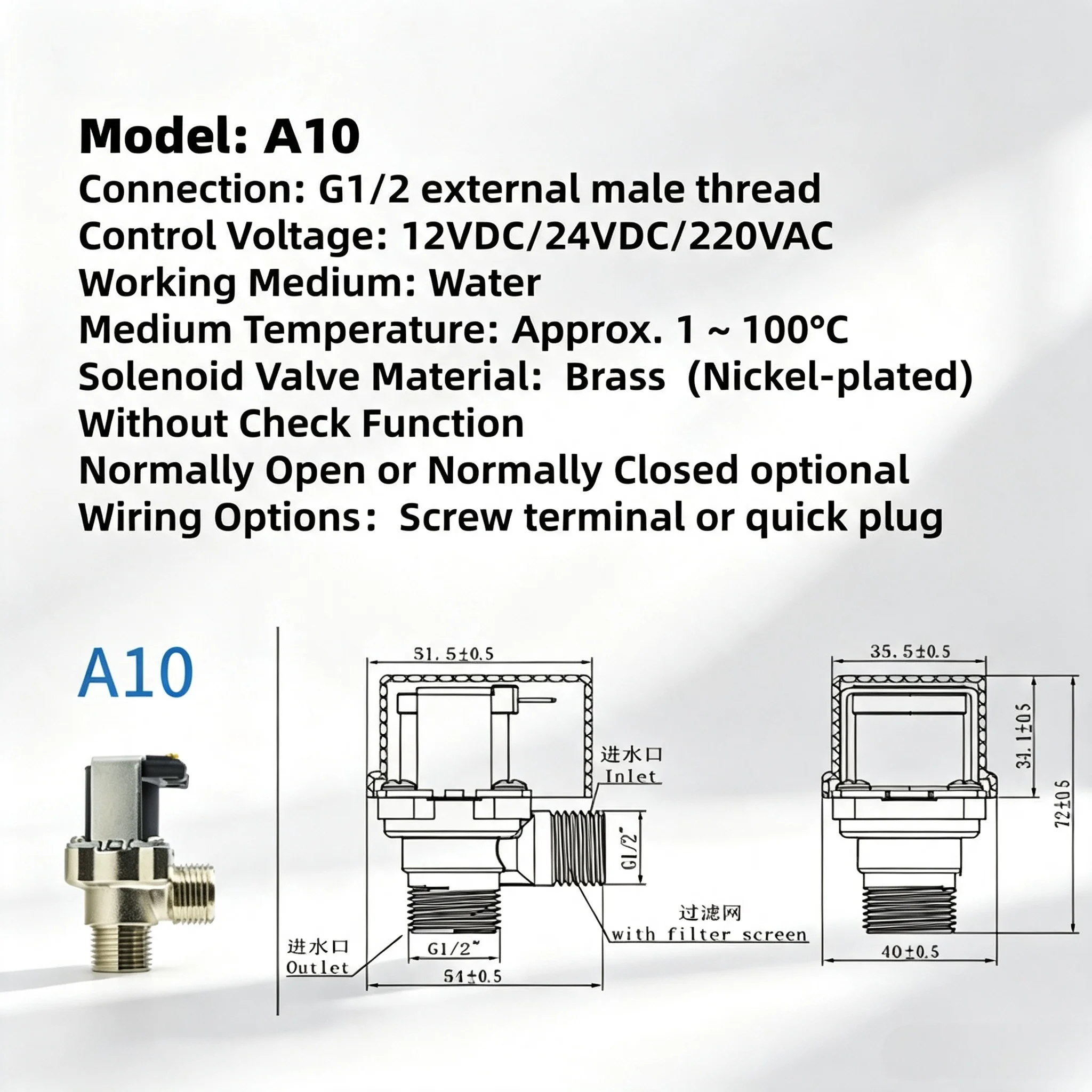 Rechtwinkliges Magnetventil für Solarwarmwasserbereiter, G1/2 Außengewinde, vernickeltes Messing, A10 Vertikale Montage, DN15 NC/NO 12V 24V – Detail 1