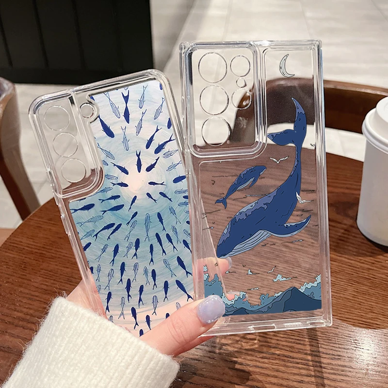 Clear Phone Case For Samsung Galaxy A17 A56 A16 A15 A55 A54 A36 S25 Edge S23 S22 Ultra Plus S24 FE Ocean Shark Whale Soft Cover