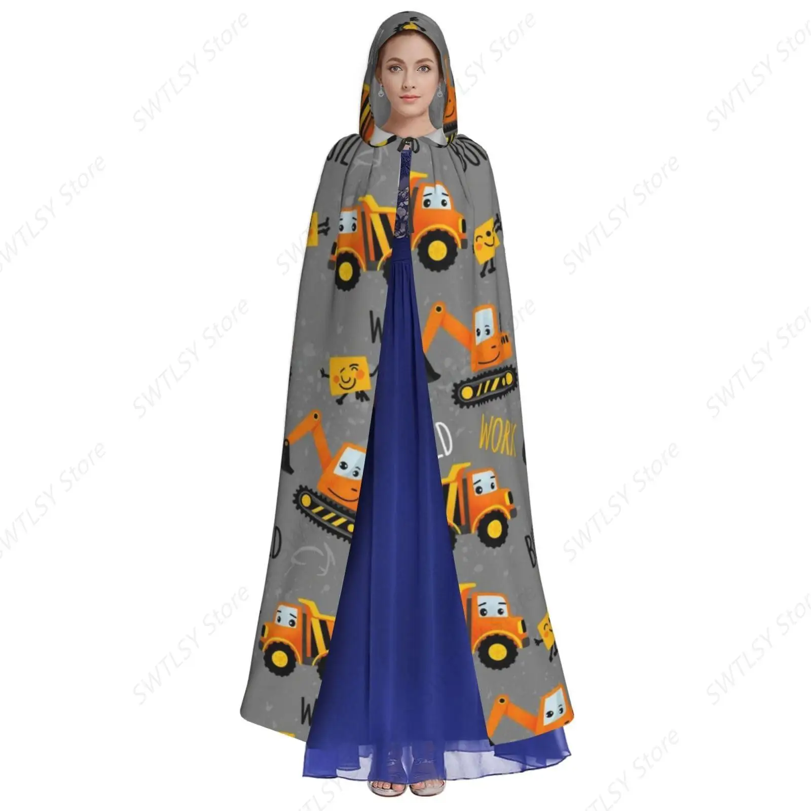 Women Men Hooded Cloak Cape Compatible with Cartoon Construction Machines Cars Tractor Truck Dark Grey for Halloween Christmas