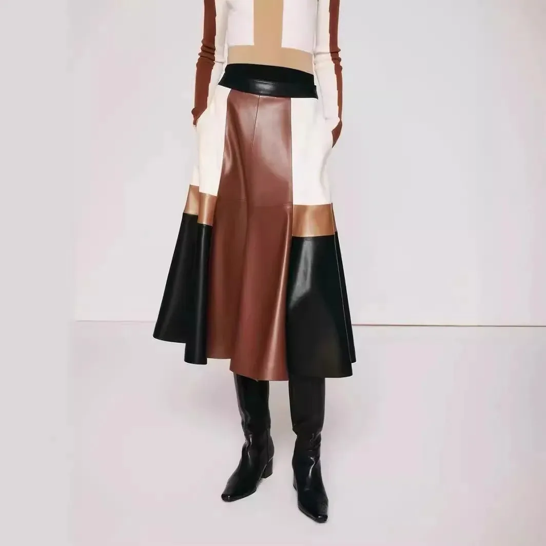 2024 Fashion New Genuine Leather Sheepskin Long Skirt Maillard Retro Big Swing Skirt E57