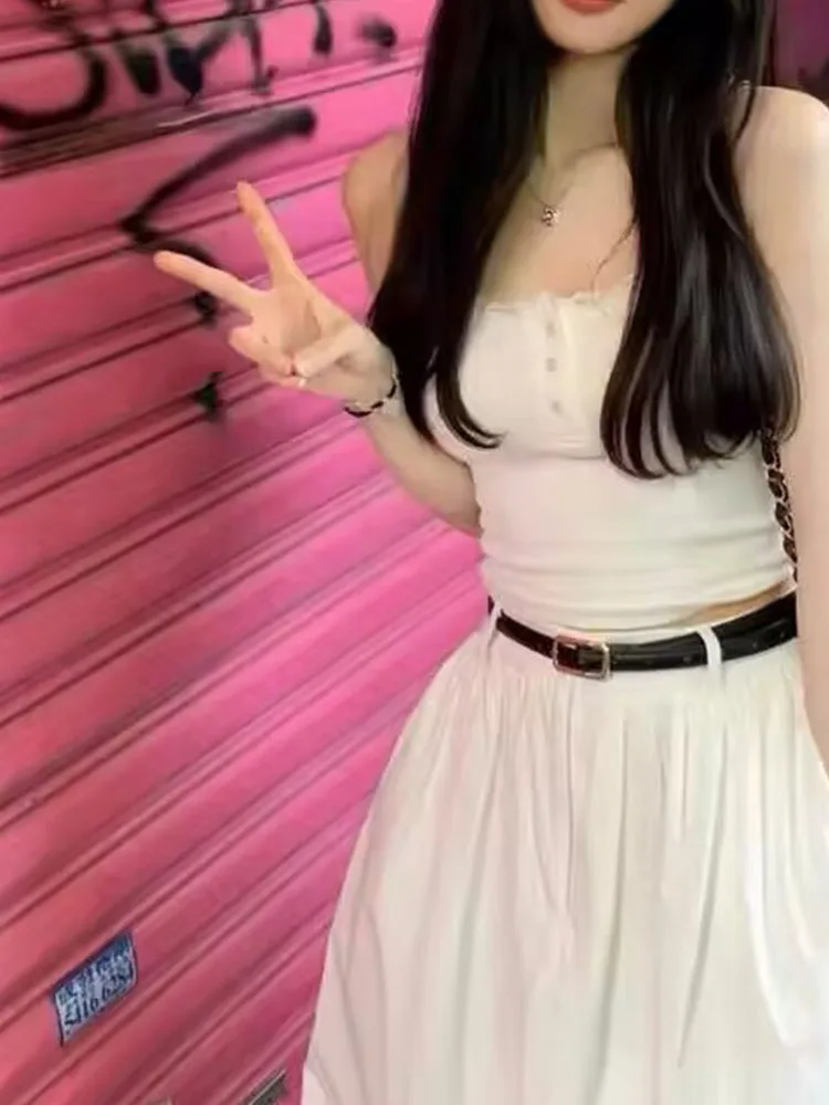 

Pure Desire Style Lace Button White Tank Top 2025 Spring/Summer New Collection U Neck Inner Strap Top for Women