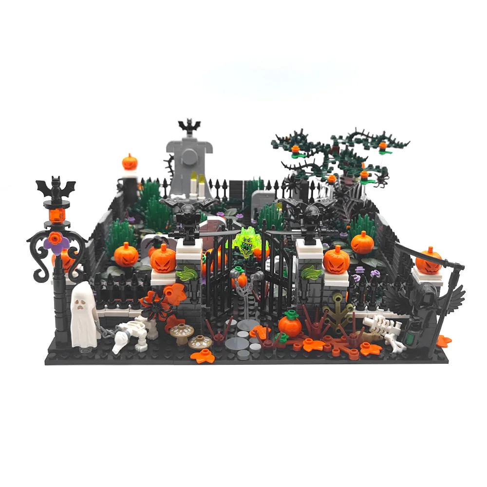 MOC – blocs de construction de maison hantée, décoration d'halloween, fantôme de mort, cimetière, faucheuse de citrouille, jouets de terreur, bricolage, cadeau pour enfants