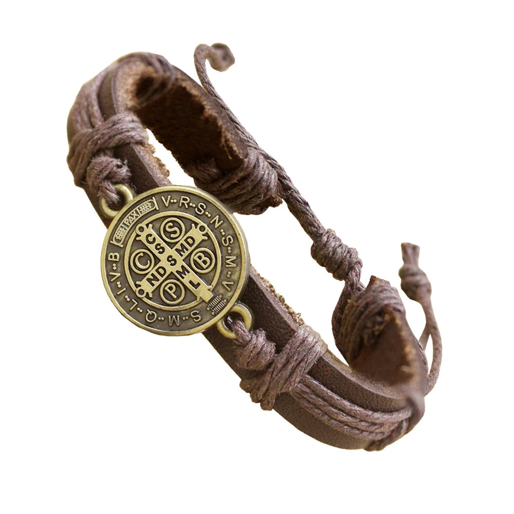 Vintage Cross Brown Leather Bracelet for Men Jesus Christian Religious Women Jewelry Retro Accessories Rope Size Adjustable