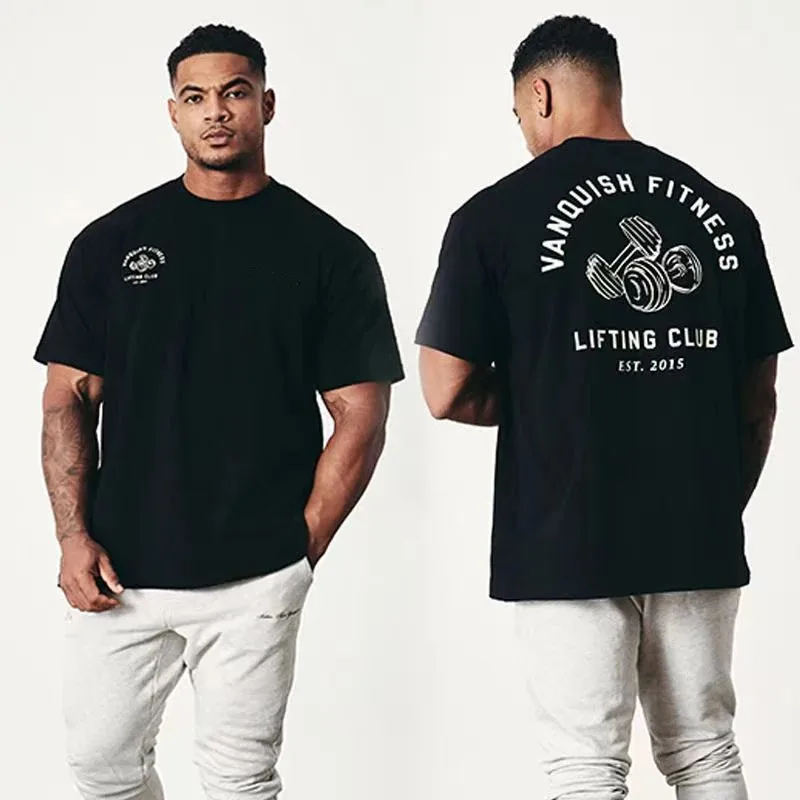 2026 New Parent‑Child Matching Oversized T‑Shirt Unisex Gym Dumbbell Sketch Chest Small Logo Back Print Fitness Streetwear Tops