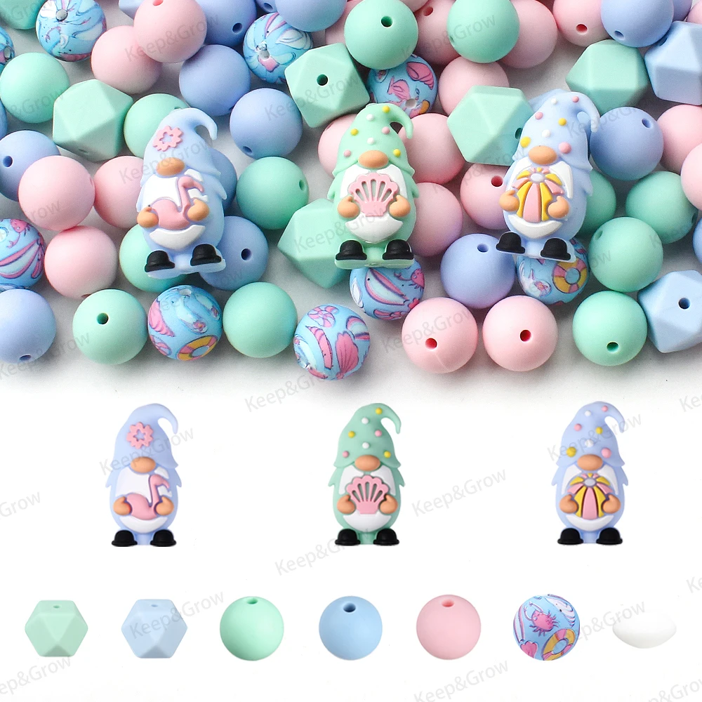 Silicone Beads Set Summer Beach Cute Gnome Style Theme Focal Beads for Jewelry Making DIY KeyChain Clips Chain Bracelet Pen Bead