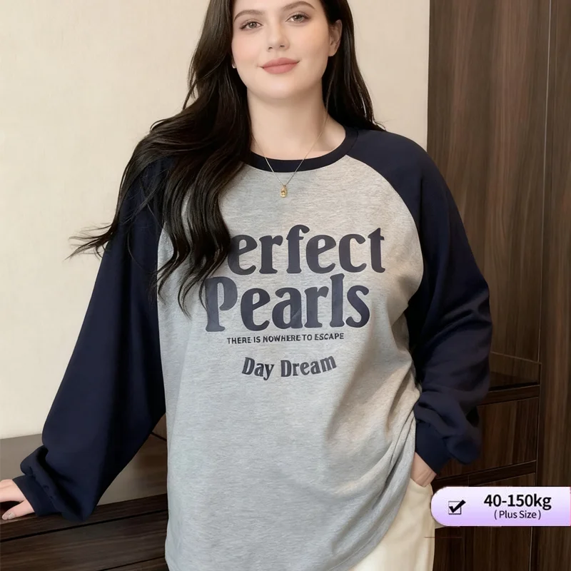 

【Плюс размер】Женская осенняя футболка большого размера с длинными рукавами и буквенным принтом, женские топы реглан с длинными рукавами больших размеров