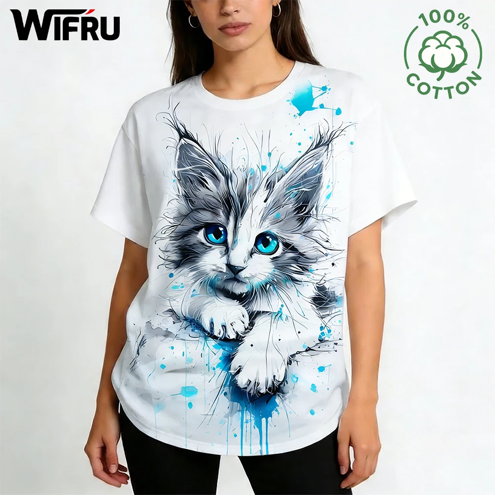 

Summer Natural Cotton Printed T-shirt Women's Cute Cat Pattern Short-Sleeve Top Soft Comfortable Simple Versatile Casual Tee