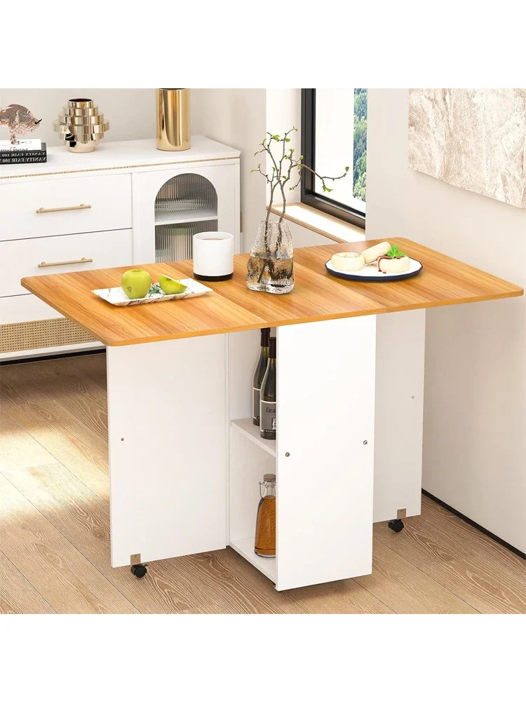 Wooden Multifunctional Retractable with Wheels/Shelves and Movable Folding Table Suitable for Kitchen/Living Room/Small Space