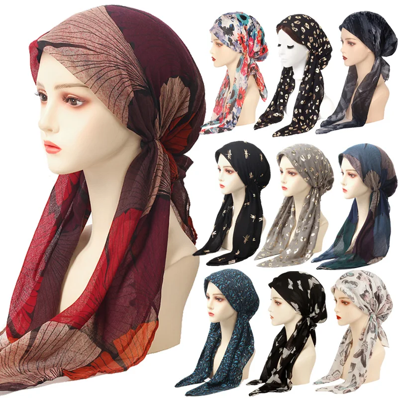 Women Fashion Muslim Hijab Print Turban Hat Pre Tied Scarf  Hair Loss Head Scarf Muslim Headwrap Pretied Bandana Turbante Mujer