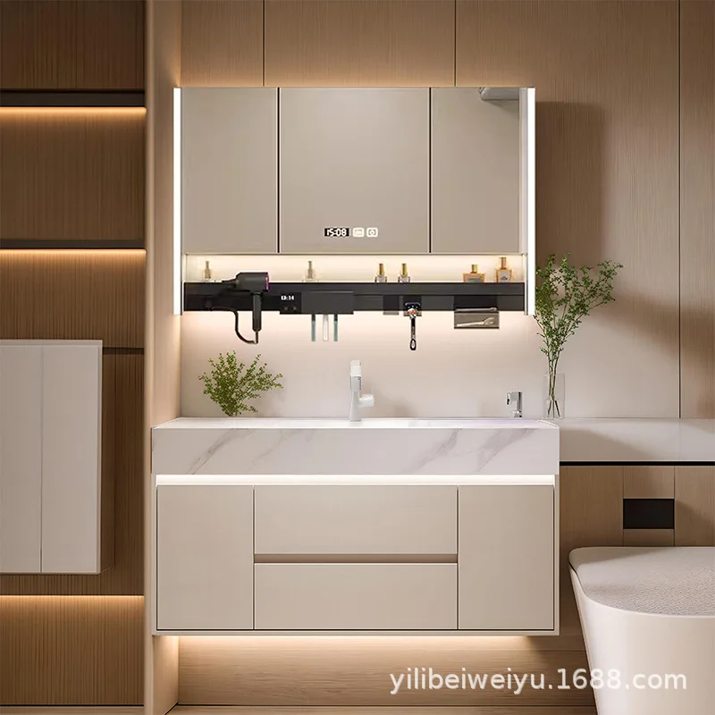 

Hot curved rock slab integrated basin bathroom cabinet luxury disinfection smart mirror cabinet combined bathroom washbasin cabi