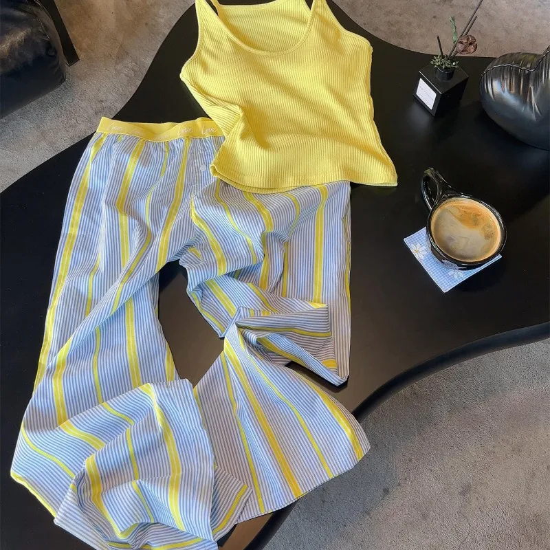 

Korean with Chest Pads Suspenders Pajamas for Women's Summer New Striped Trousers Set Loungewear Set Can Be Worn Outside