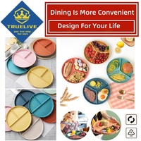 Reusable Round Dinner Plate Divided Dish in 3 Diet Dinner Plate Lightweight Wheat Straw Plates Plastic Weight Loss Control Bowl