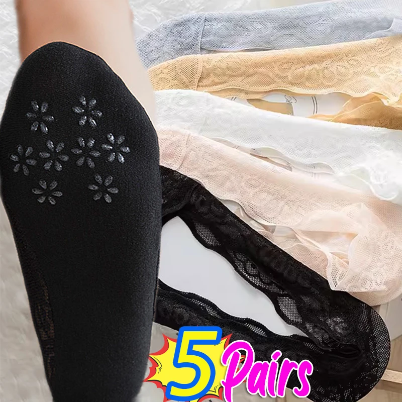 

5Pairs Summer Women Girls Lace Flower Socks Breathable Lace Short Sock Antiskid No-Show Invisible Low Cut Boat Ankle Socks